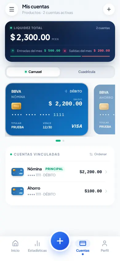 Mis cuentas: tarjetas en carrusel y liquidez total