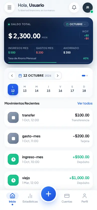 Inicio: saldo total y movimientos recientes